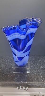 Vintage Cobalt Blue White Swirl Handkerchief Handblown Art Glass Vase 13 Tall