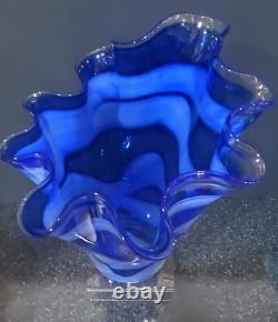 Vintage Cobalt Blue White Swirl Handkerchief Handblown Art Glass Vase 13 Tall