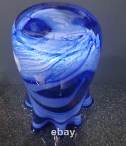 Vintage Cobalt Blue White Swirl Handkerchief Handblown Art Glass Vase 13 Tall