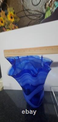 Vintage Cobalt Blue White Swirl Handkerchief Handblown Art Glass Vase 13 Tall