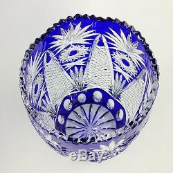 Vintage Crystal Art Glass Hand Cut Hobstar Vase Cobalt Blue Cut to Clear 11.75
