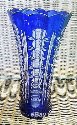 Vintage Czech Bohemia Cobalt Blue Cut To Clear Large Vasestunning