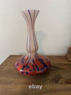 Vintage Czech Hand Blown Art Glass Vase. Splatter Blue, Orange & Pink 8.25T