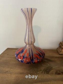 Vintage Czech Hand Blown Art Glass Vase. Splatter Blue, Orange & Pink 8.25T