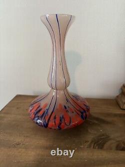 Vintage Czech Hand Blown Art Glass Vase. Splatter Blue, Orange & Pink 8.25T