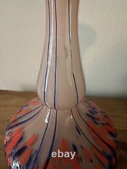 Vintage Czech Hand Blown Art Glass Vase. Splatter Blue, Orange & Pink 8.25T