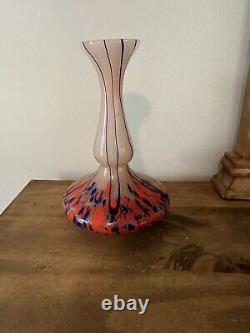 Vintage Czech Hand Blown Art Glass Vase. Splatter Blue, Orange & Pink 8.25T