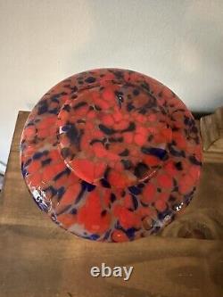 Vintage Czech Hand Blown Art Glass Vase. Splatter Blue, Orange & Pink 8.25T