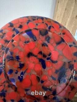 Vintage Czech Hand Blown Art Glass Vase. Splatter Blue, Orange & Pink 8.25T