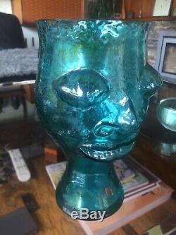 Vintage Dartington Glass Frank Thrower Ugly Head Vase FT52 in Blue with Label