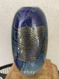 Vintage Eickholt Signed Art Glass Vase Abstract Design 1984 Metallic Blues