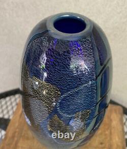 Vintage Eickholt Signed Art Glass Vase Abstract Design 1984 Metallic Blues