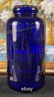 Vintage Erte' Fireflies Blue Glass And Silver Metallic Vase By Franklin Mint