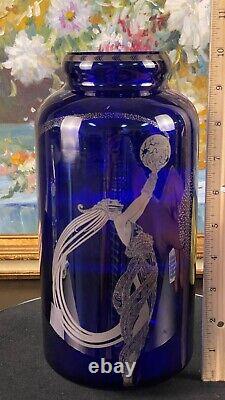 Vintage Erte' Fireflies Blue Glass And Silver Metallic Vase By Franklin Mint