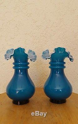 Vintage FENTON Art Glass Jamestown Blue Teal Overlay Ruffled Vase 7456