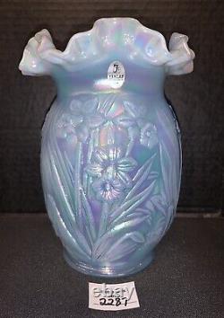 Vintage Fenton 8 Blue Opalescent Iridescent Daffodil Vase with Sticker