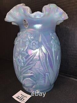 Vintage Fenton 8 Blue Opalescent Iridescent Daffodil Vase with Sticker