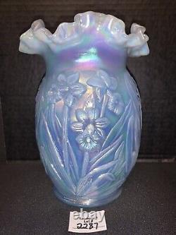 Vintage Fenton 8 Blue Opalescent Iridescent Daffodil Vase with Sticker