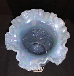 Vintage Fenton 8 Blue Opalescent Iridescent Daffodil Vase with Sticker