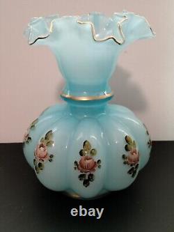 Vintage Fenton 8 Hand Painted Frosted Blue Glass Vase
