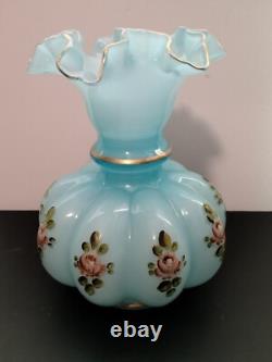 Vintage Fenton 8 Hand Painted Frosted Blue Glass Vase