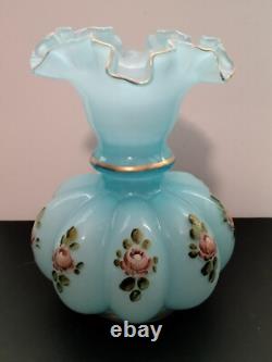 Vintage Fenton 8 Hand Painted Frosted Blue Glass Vase