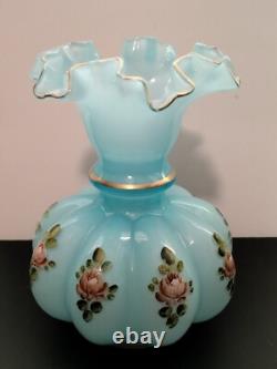 Vintage Fenton 8 Hand Painted Frosted Blue Glass Vase