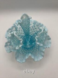 Vintage Fenton Art Glass Blue Opalescent Hobnail Apartment Epergne 3 Horns