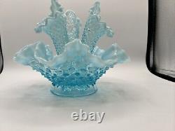 Vintage Fenton Art Glass Blue Opalescent Hobnail Apartment Epergne 3 Horns