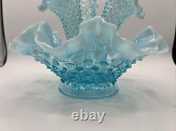 Vintage Fenton Art Glass Blue Opalescent Hobnail Apartment Epergne 3 Horns