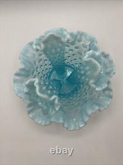 Vintage Fenton Art Glass Blue Opalescent Hobnail Apartment Epergne 3 Horns