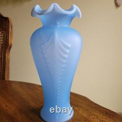 Vintage Fenton Art Glass Blue Satin Feather Plume Vase 11 Art Deco Style