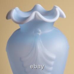 Vintage Fenton Art Glass Blue Satin Feather Plume Vase 11 Art Deco Style