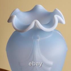 Vintage Fenton Art Glass Blue Satin Feather Plume Vase 11 Art Deco Style