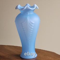 Vintage Fenton Art Glass Blue Satin Feather Plume Vase 11 Art Deco Style