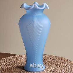 Vintage Fenton Art Glass Blue Satin Feather Plume Vase 11 Art Deco Style