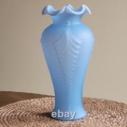 Vintage Fenton Art Glass Blue Satin Feather Plume Vase 11 Art Deco Style