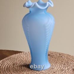 Vintage Fenton Art Glass Blue Satin Feather Plume Vase 11 Art Deco Style