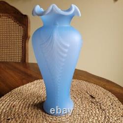 Vintage Fenton Art Glass Blue Satin Feather Plume Vase 11 Art Deco Style