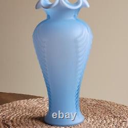 Vintage Fenton Art Glass Blue Satin Feather Plume Vase 11 Art Deco Style