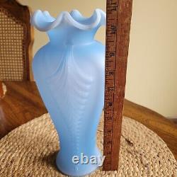 Vintage Fenton Art Glass Blue Satin Feather Plume Vase 11 Art Deco Style