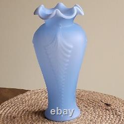 Vintage Fenton Art Glass Blue Satin Feather Plume Vase 11 Art Deco Style