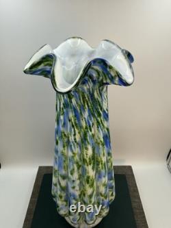 Vintage Fenton Art Glass Vasa Aventurine Green & Blue Murrhina 14 1/2 Vase