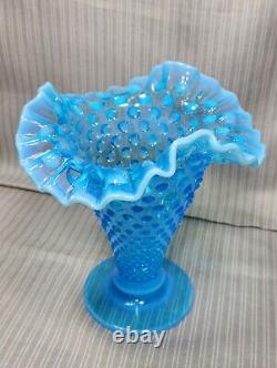 Vintage Fenton Art, Hobnail Double Crimped Glass Vase (8Tall) Blue Opalescent