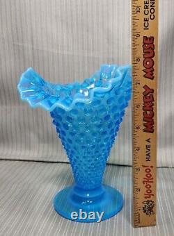 Vintage Fenton Art, Hobnail Double Crimped Glass Vase (8Tall) Blue Opalescent