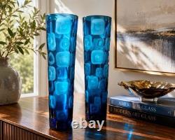Vintage Fenton Blue Art Glass Vase Pair 14 Hand Blown Thumbprint Mid Century