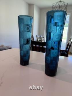 Vintage Fenton Blue Art Glass Vase Pair 14 Hand Blown Thumbprint Mid Century