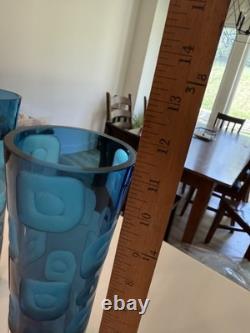 Vintage Fenton Blue Art Glass Vase Pair 14 Hand Blown Thumbprint Mid Century