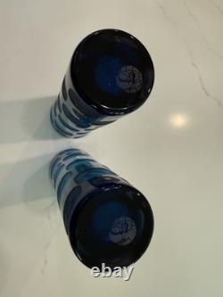 Vintage Fenton Blue Art Glass Vase Pair 14 Hand Blown Thumbprint Mid Century