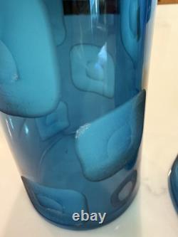 Vintage Fenton Blue Art Glass Vase Pair 14 Hand Blown Thumbprint Mid Century